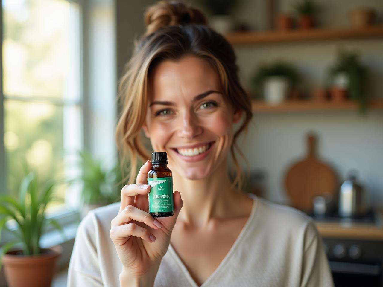 A woman smiling, holding a bottle of eucalyptus essential oil in a sunlit, natural-looking kitchen with plants in the background.