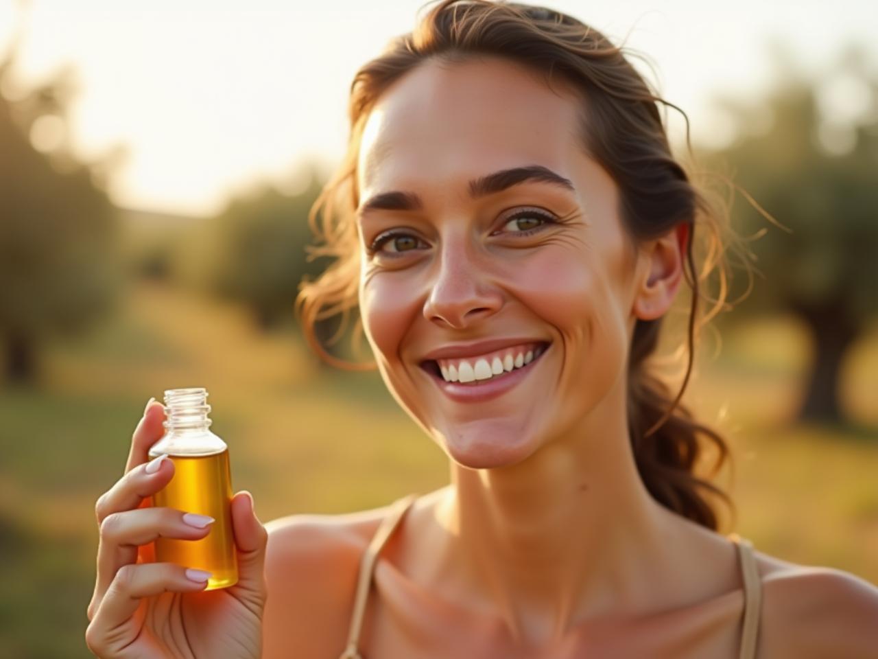 Close-up of Noa Lavi, smiling warmly, holding a small glass bottle of homemade olive oil face cleanser, with olive trees and a sun-drenched landscape in the background.