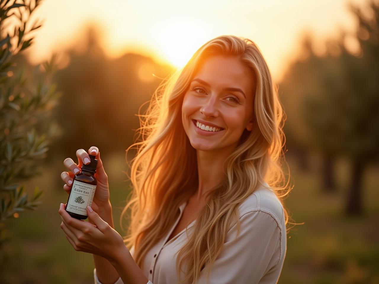 A woman with long, healthy hair smiles while holding a bottle of rosemary oil in a sunlit field of olive trees.