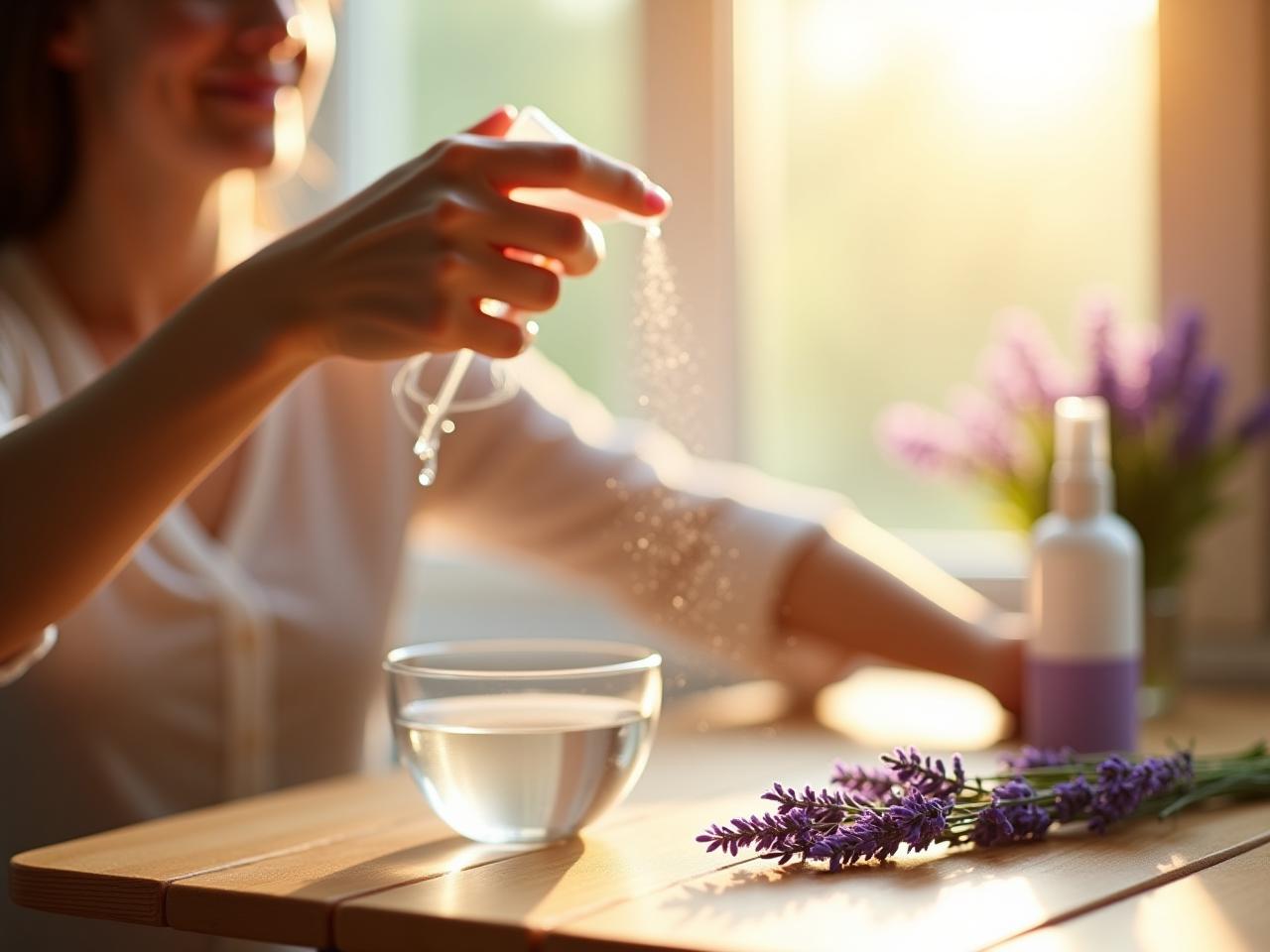 A woman spraying a lavender and water mixture on a wooden surface, sunlight streaming through the window, with lavender sprigs and a spray bottle in the background. The scene is warm and natural.