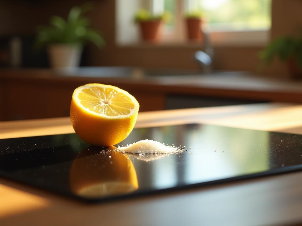 A close-up shot of a sparkling clean induction cooktop, with a half-cut lemon and a small pile of coarse salt next to it. Sunlight is reflecting off the surface, highlighting its cleanliness. The background is a blurred kitchen scene with earthy tones.