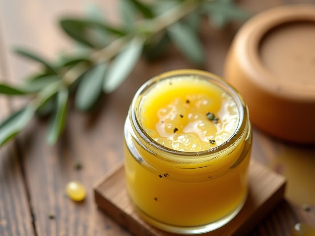 A close-up shot of a small glass jar filled with homemade pain relief balm, with visible specks of herbs. In the background, blurred images of olive branches and beeswax create a natural, warm ambiance.