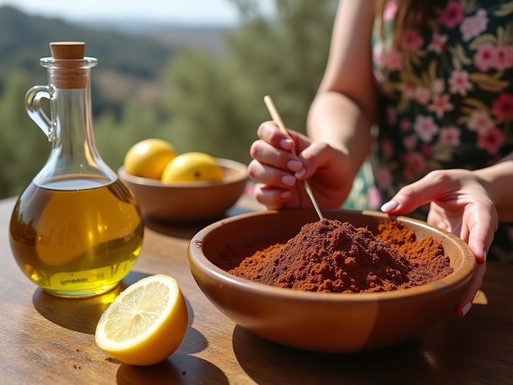 Close-up of Noa Lavi mixing henna powder in a wooden bowl, with olive oil and lemon beside her. In the background, a glimpse of the Galilee landscape with olive trees.