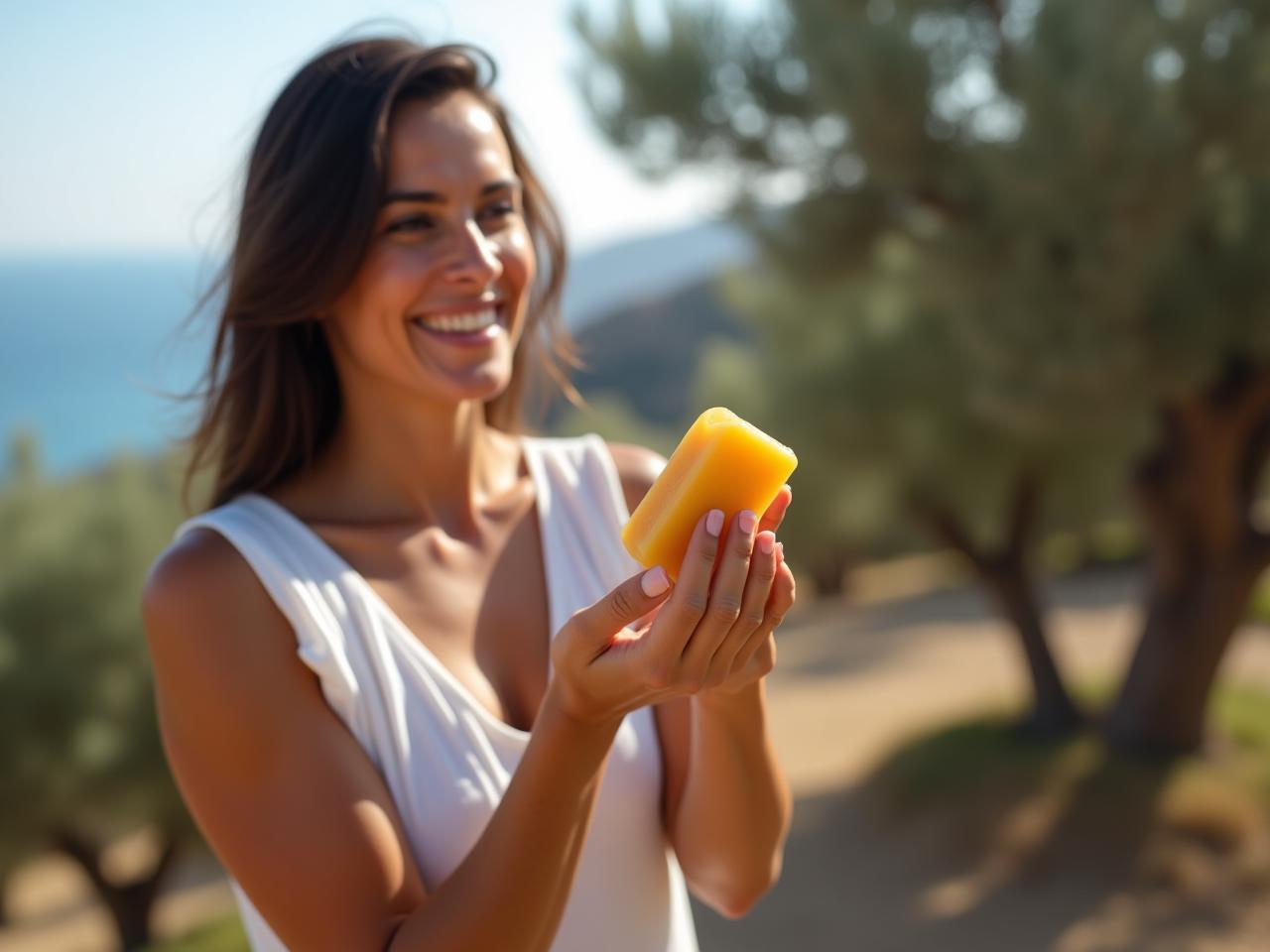 A woman (Noa) smiling while holding a bar of homemade soap, with olive trees and the Mediterranean sea in the background. Focus on natural light and warm colors.