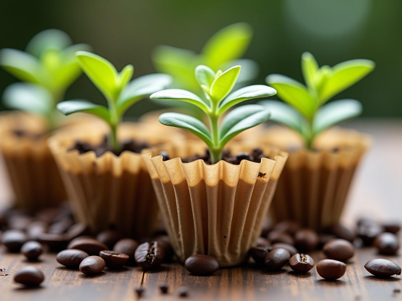 Close-up of small seedlings planted in used coffee filters, repurposed as tiny pots, resting on a rustic wooden surface with coffee beans scattered around.