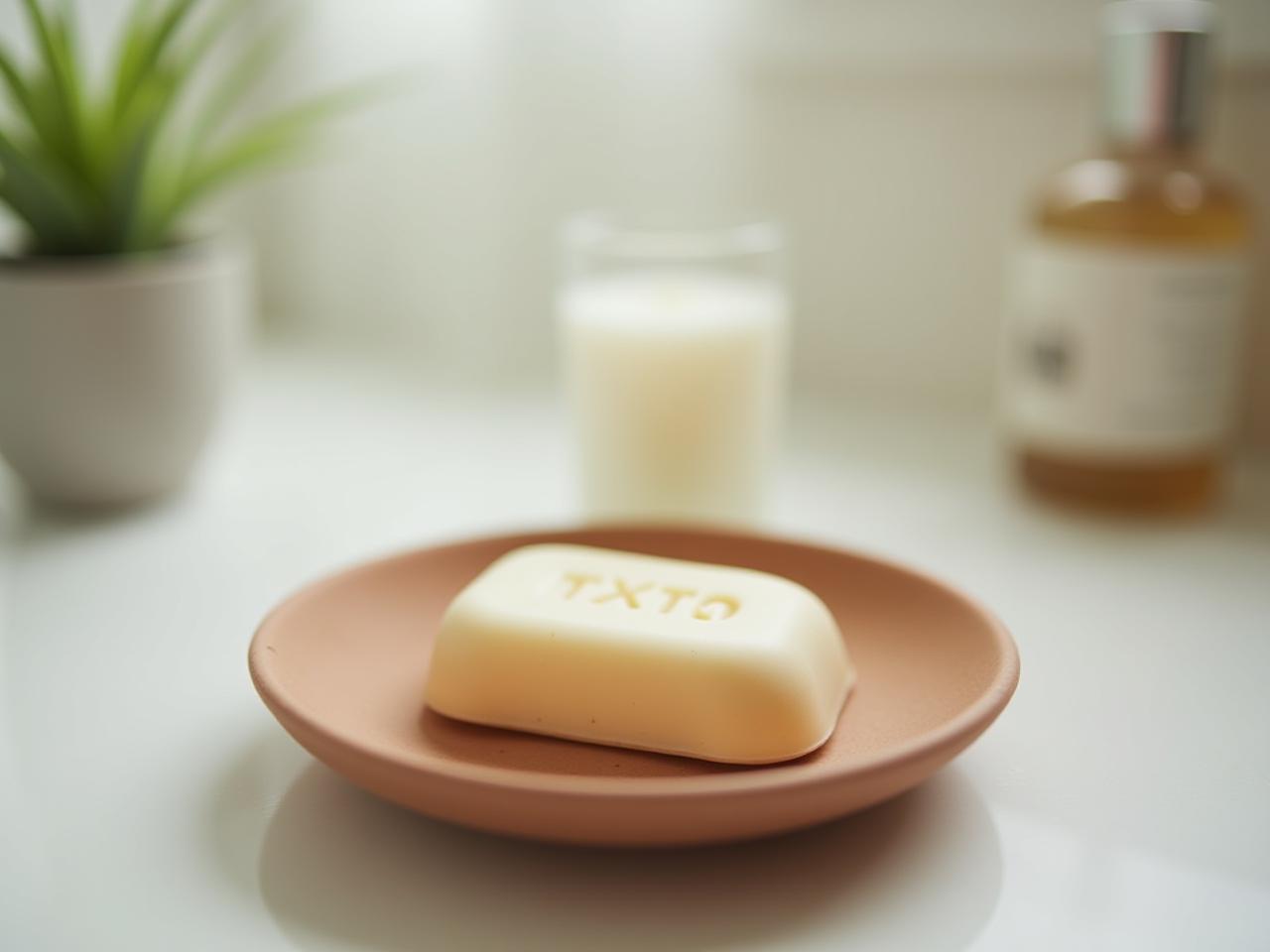A close-up of a handmade clay soap dish with a natural soap bar on top, in a bright and airy bathroom setting.