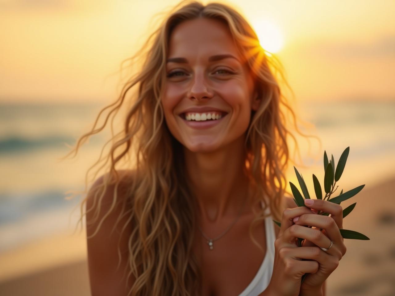 A woman with long, wavy hair, smiling at the beach during sunset. Shes holding a branch of olive leaves.