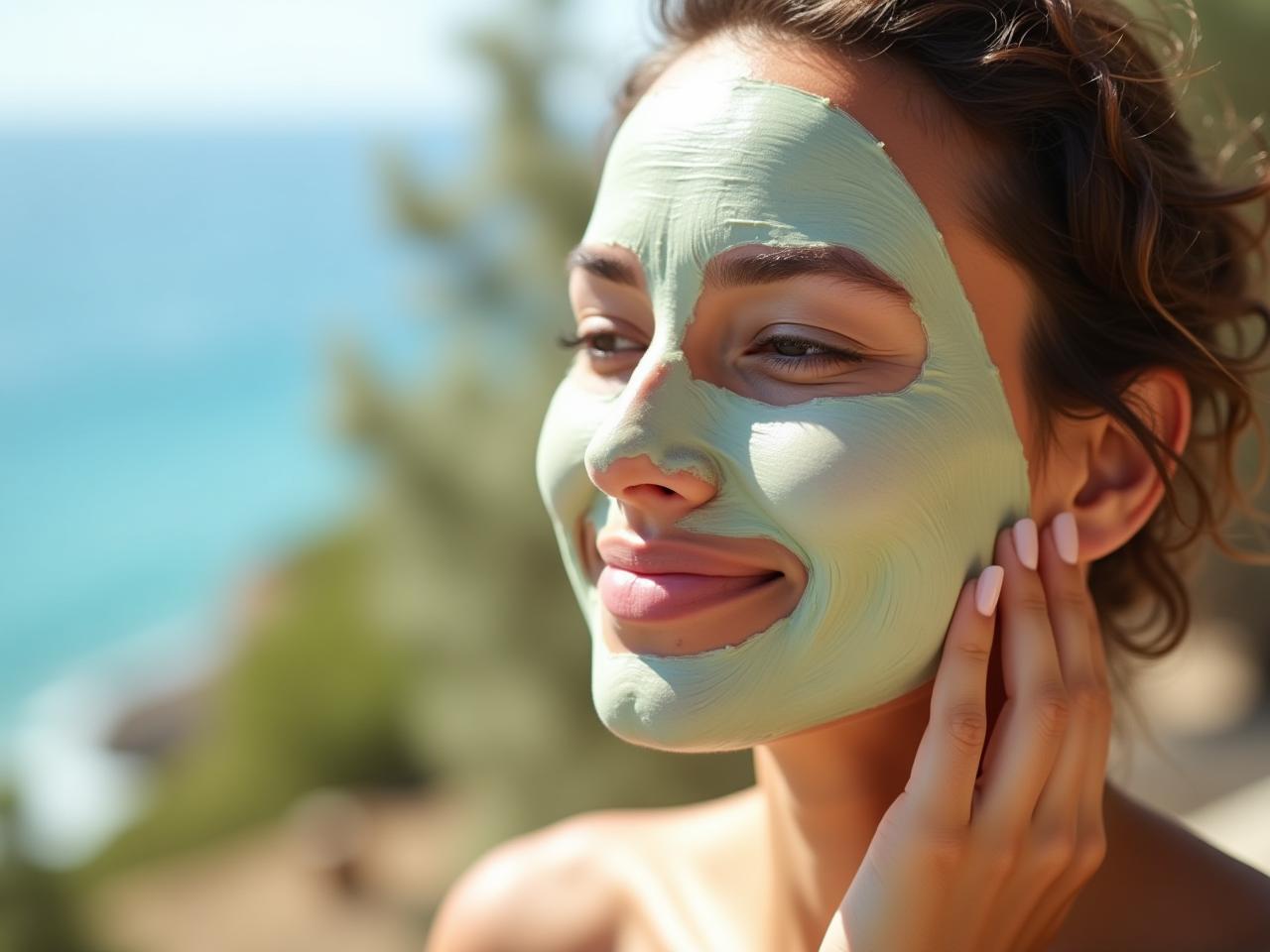 Close-up of a womans face with radiant skin, applying a homemade sea cucumber mask, with a background of the Mediterranean Sea and olive trees.