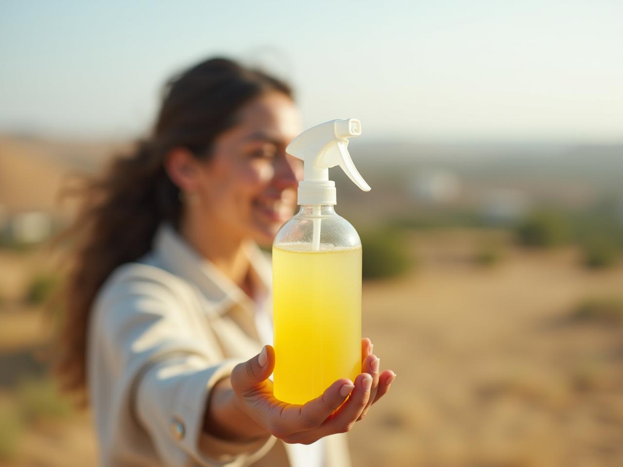 A woman holding a bottle of homemade cleaning solution made with natural ingredients like lemon and olive oil, with a background of the Israeli countryside.