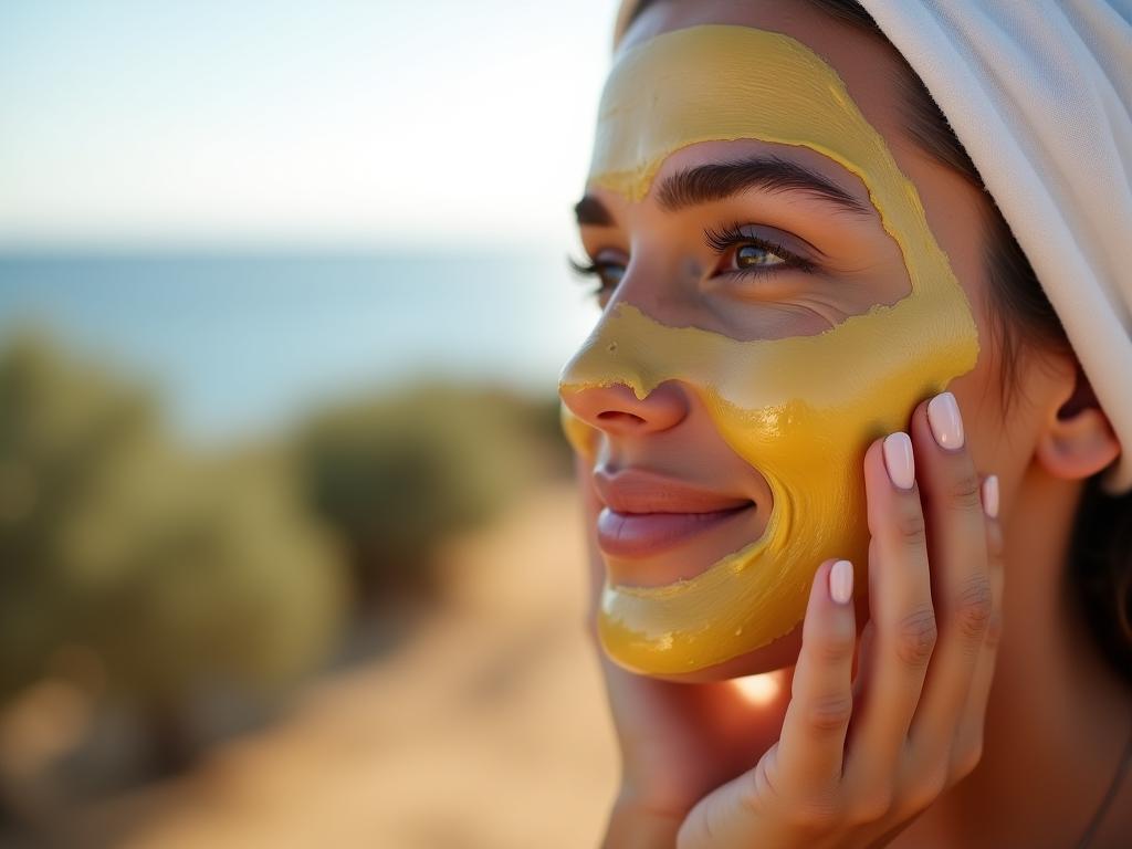 Close-up shot of a woman applying a homemade olive oil and honey face mask, with a backdrop of olive trees and the Mediterranean Sea in Israel.