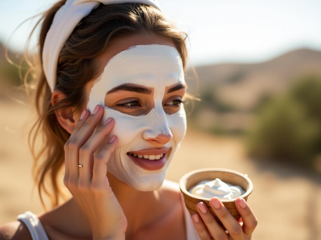 A woman applying a homemade yogurt and zaatar face mask, with fresh ingredients like yogurt, zaatar, and olive oil visible in the background. The background features a sunny Israeli landscape.