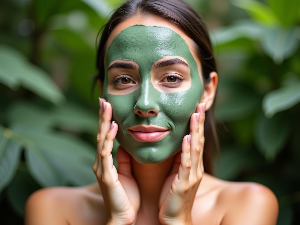 A woman applying a green clay mask to her face in a natural setting with plants around her.