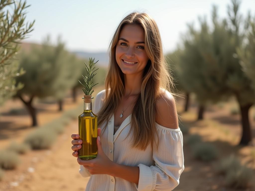 A woman with healthy, shiny hair standing in a field of olive trees in Israel, holding a bottle of olive oil and a sprig of rosemary.