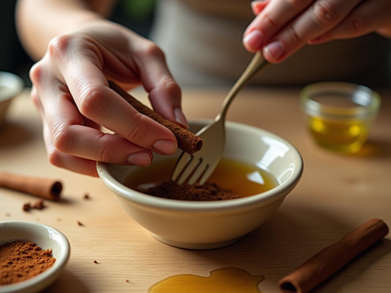 A close-up shot of a womans hand mixing coffee grounds, cinnamon, and olive oil in a small bowl, with a blurred background of a sunny kitchen in Israel.