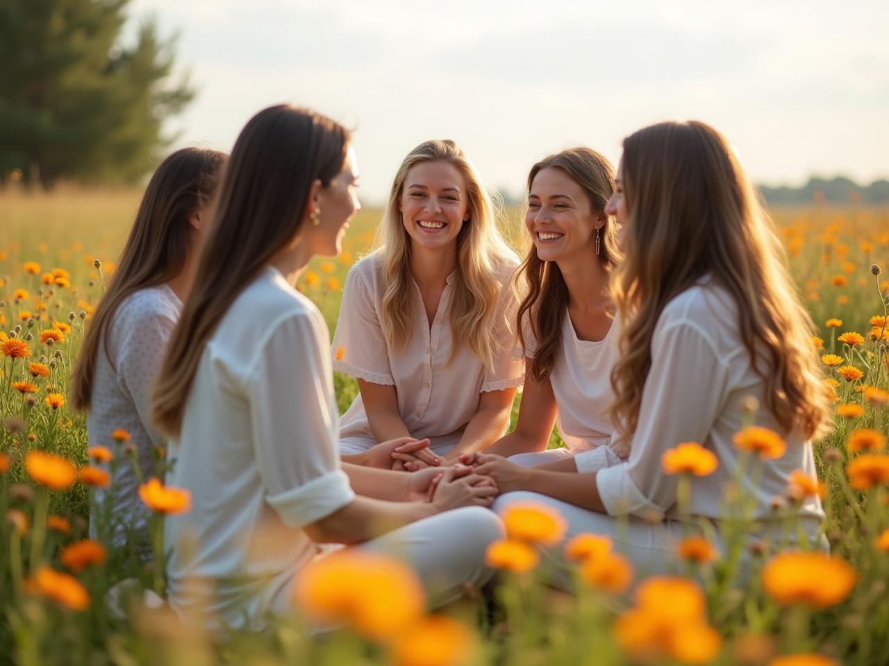 A group of women sitting in a circle in a field of wildflowers, smiling and connecting with each other, representing the community of pure women.