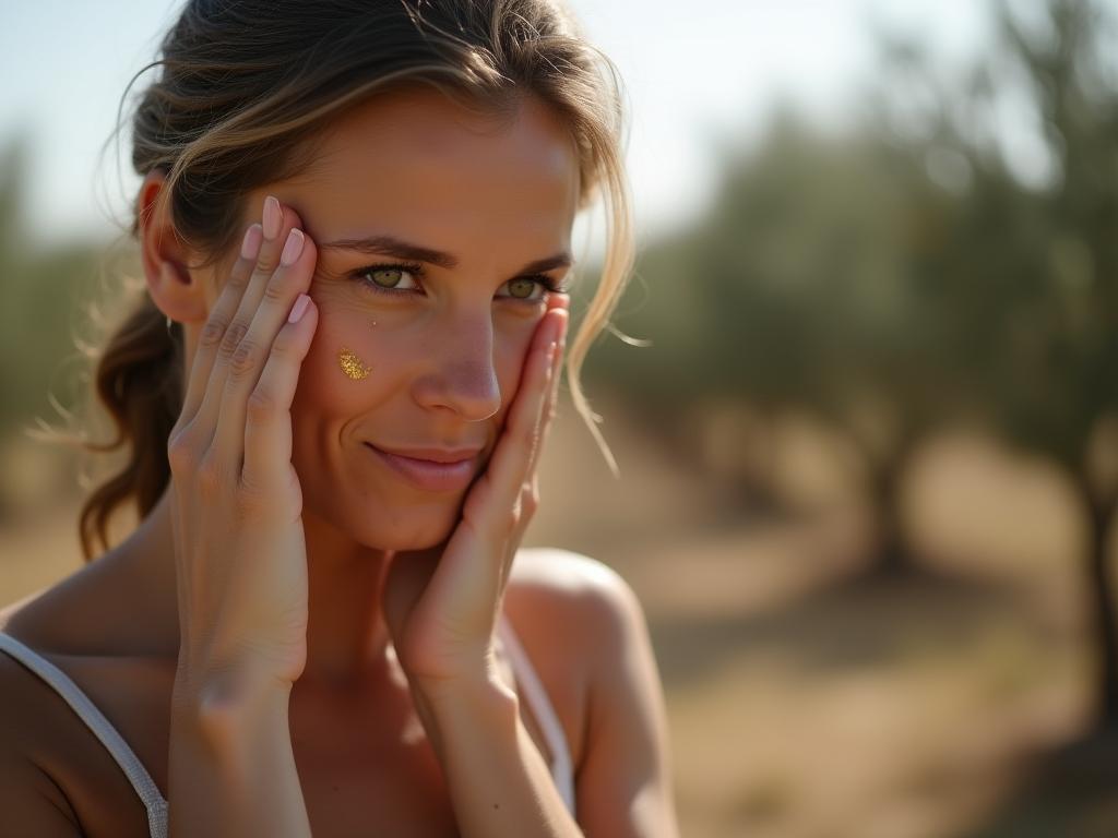 Close up shot of a woman applying olive oil to her face with the olive trees in the background in the Galilee