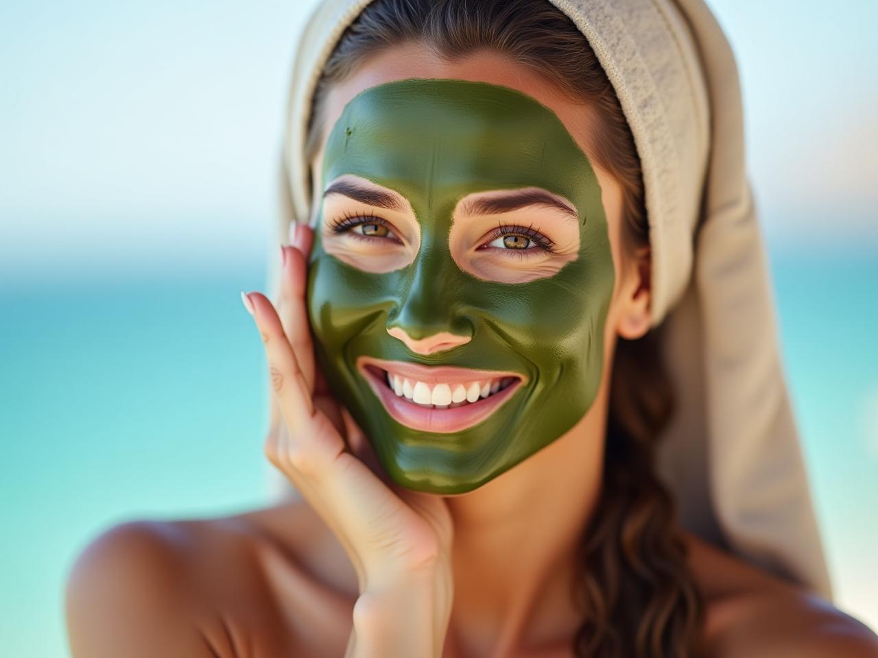 Woman applying a green seaweed mask on her face in a natural light setting, with the Red Sea in the background.