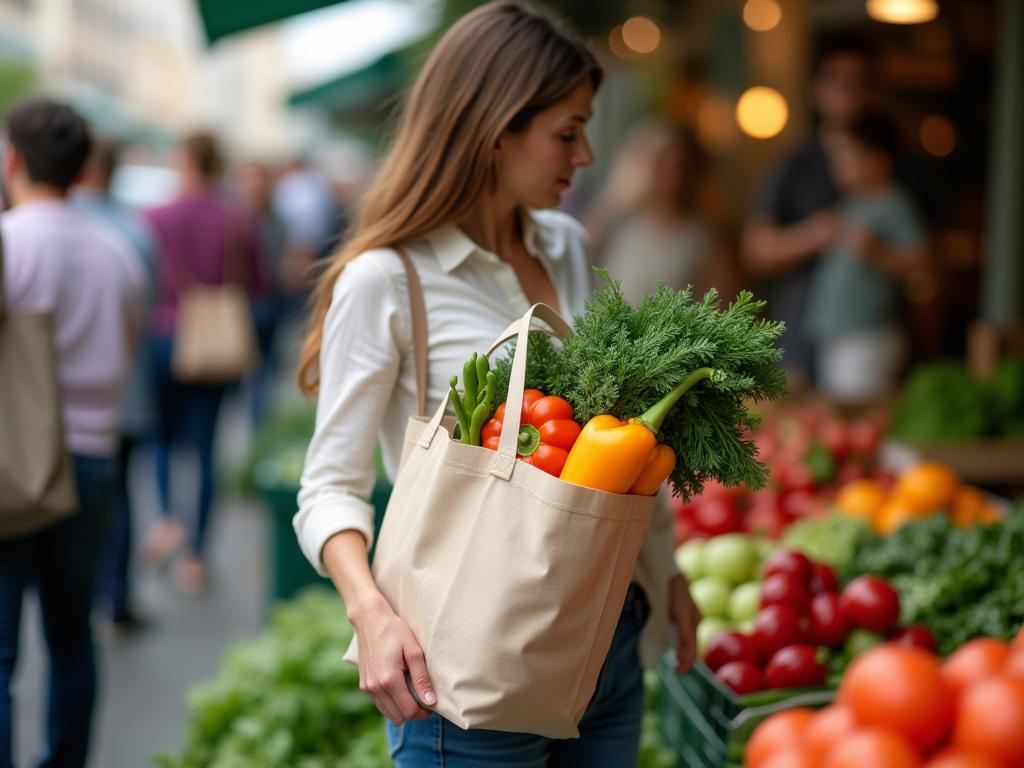 A woman holding a reusable bag filled with colorful vegetables at a market, with a blurred background of other vendors and shoppers.