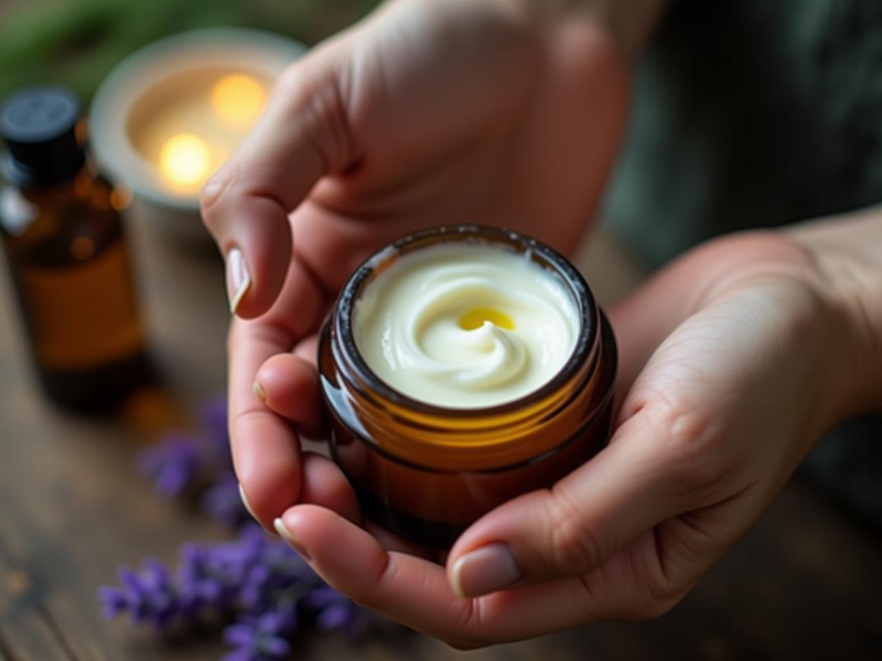 Close-up shot of a womans hands gently applying a homemade night cream made with olive oil and lavender essential oil, with a full moon visible in the background. The scene is set in a rustic, natural environment, emphasizing the purity and organic nature of the ingredients.