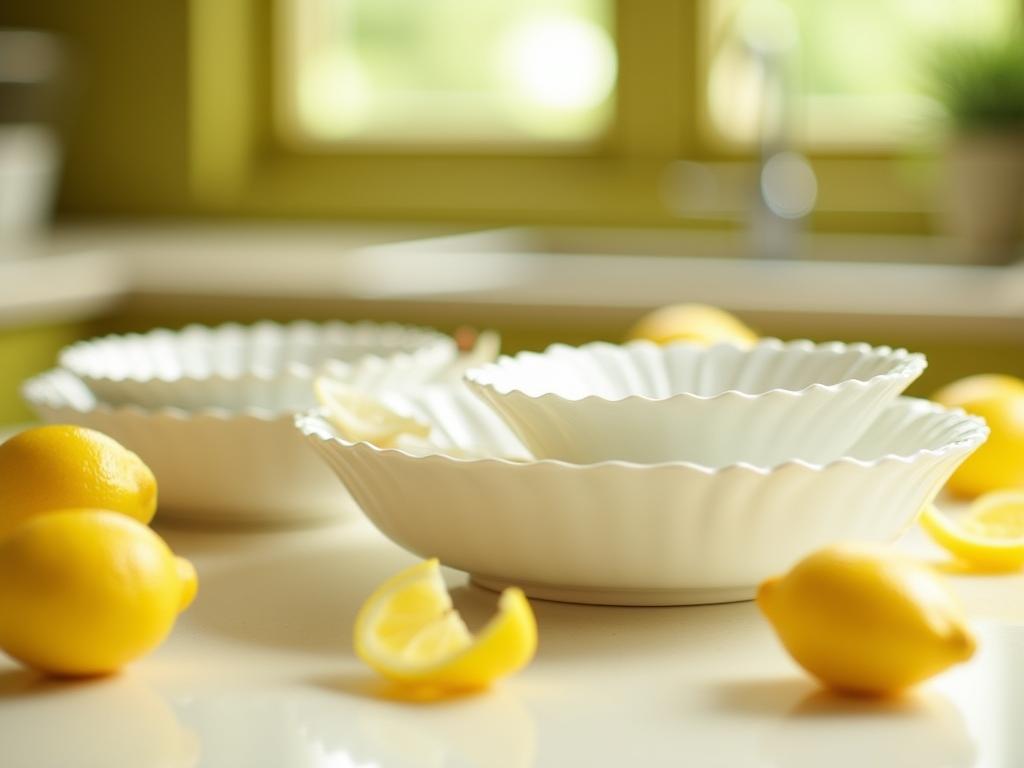Close-up shot of sparkling clean serving dishes, with fresh lemon peels scattered around them. The background is a blurred, sunny kitchen setting with olive green accents.