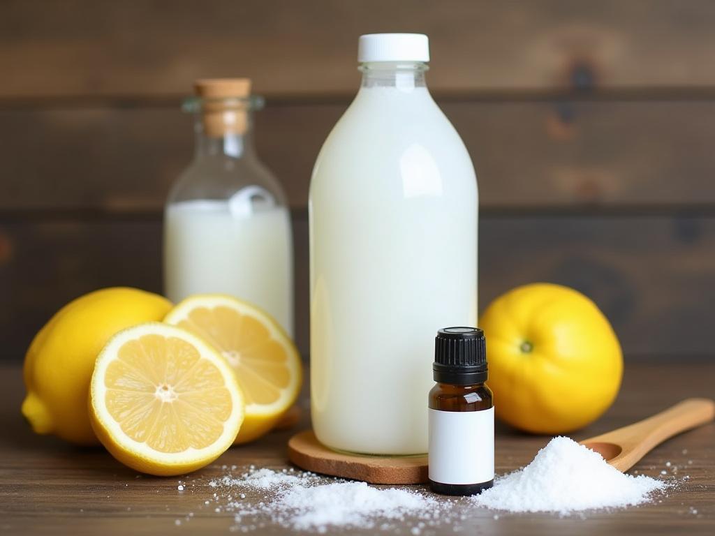 A bottle of white vinegar surrounded by natural cleaning ingredients like lemon, baking soda, and essential oils on a rustic wooden surface.
