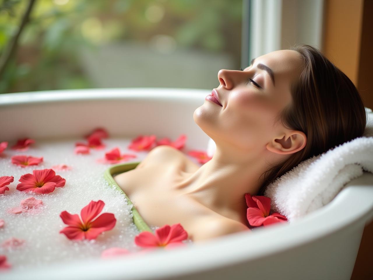 A woman relaxing in a bathtub filled with flowers and bath salts, with natural light streaming in.