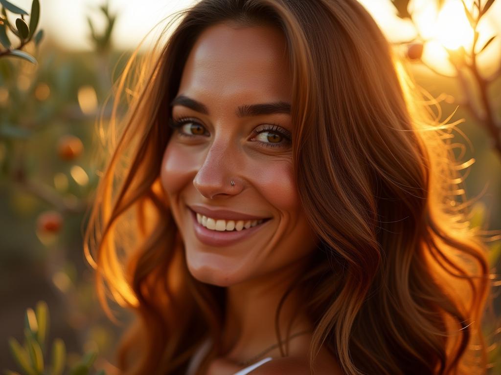 Close-up of a womans shiny, healthy hair dyed with natural henna, with olive trees in the background, bathed in golden sunlight.