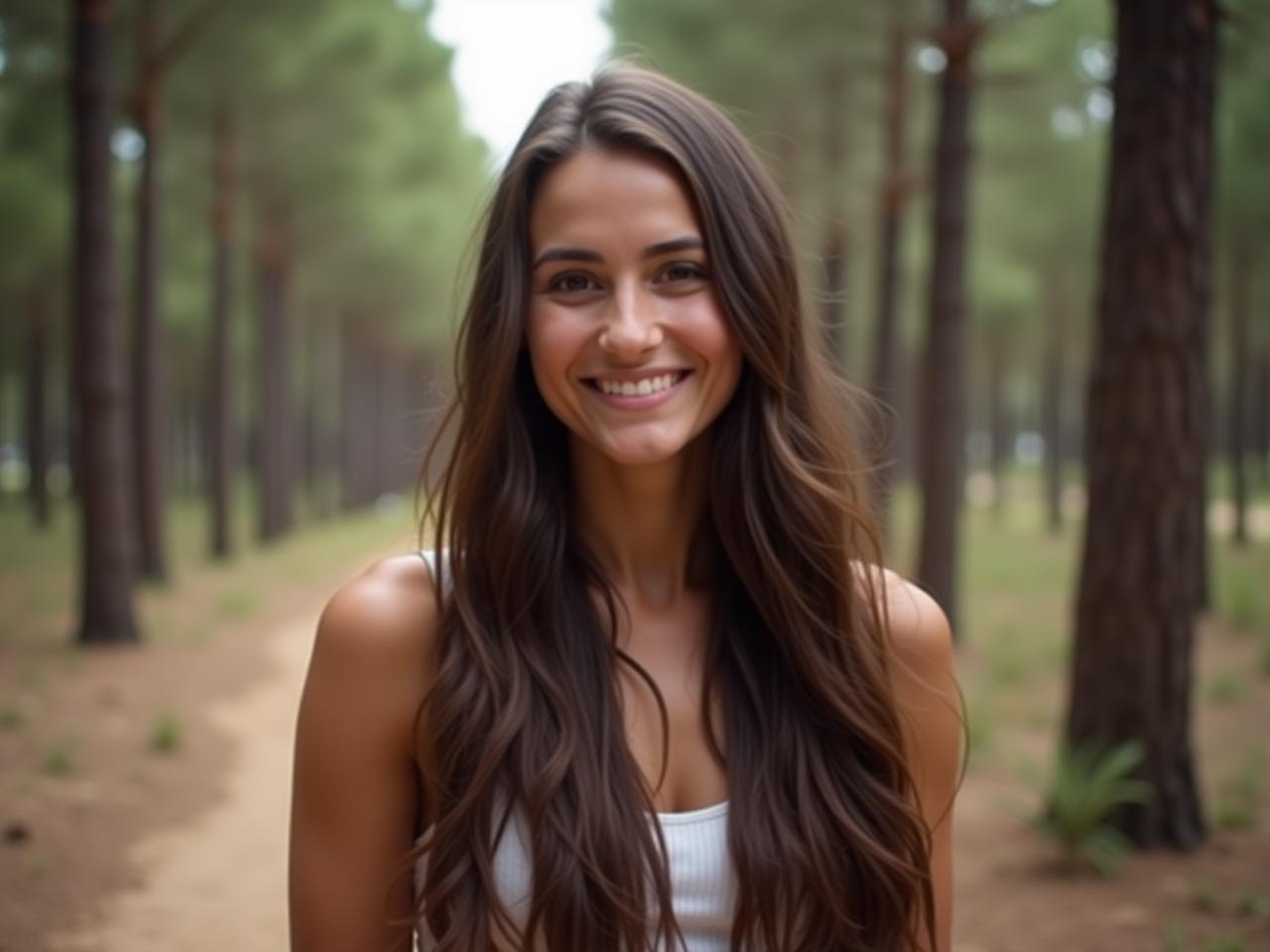 A woman with long, healthy hair standing in a pine forest in Jerusalem, smiling at the camera.