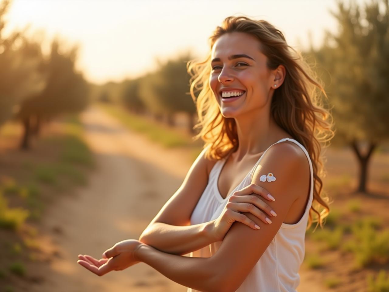 A woman with a happy smile applies homemade mineral sunscreen to her arm while standing in a field of olive trees in Israel. The sunlight is warm and golden.