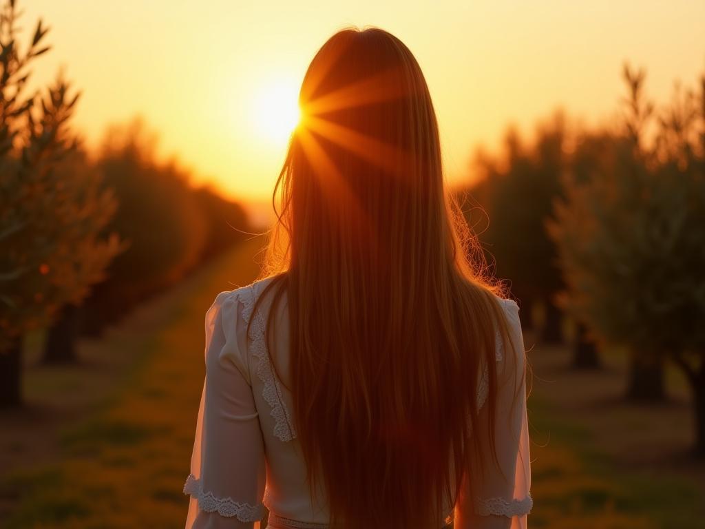 A woman with long, shiny hair standing in a field of olive trees at sunset.