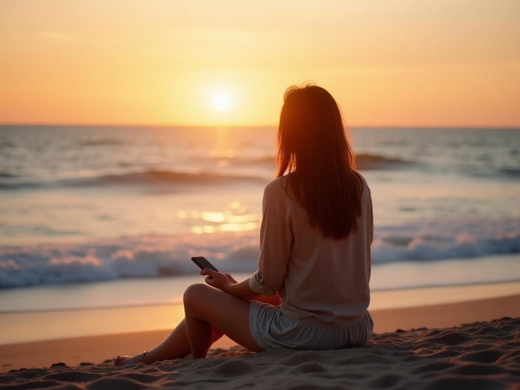 A woman sitting on a beach, looking at the sea, with her phone placed aside. The sunset is in the background.