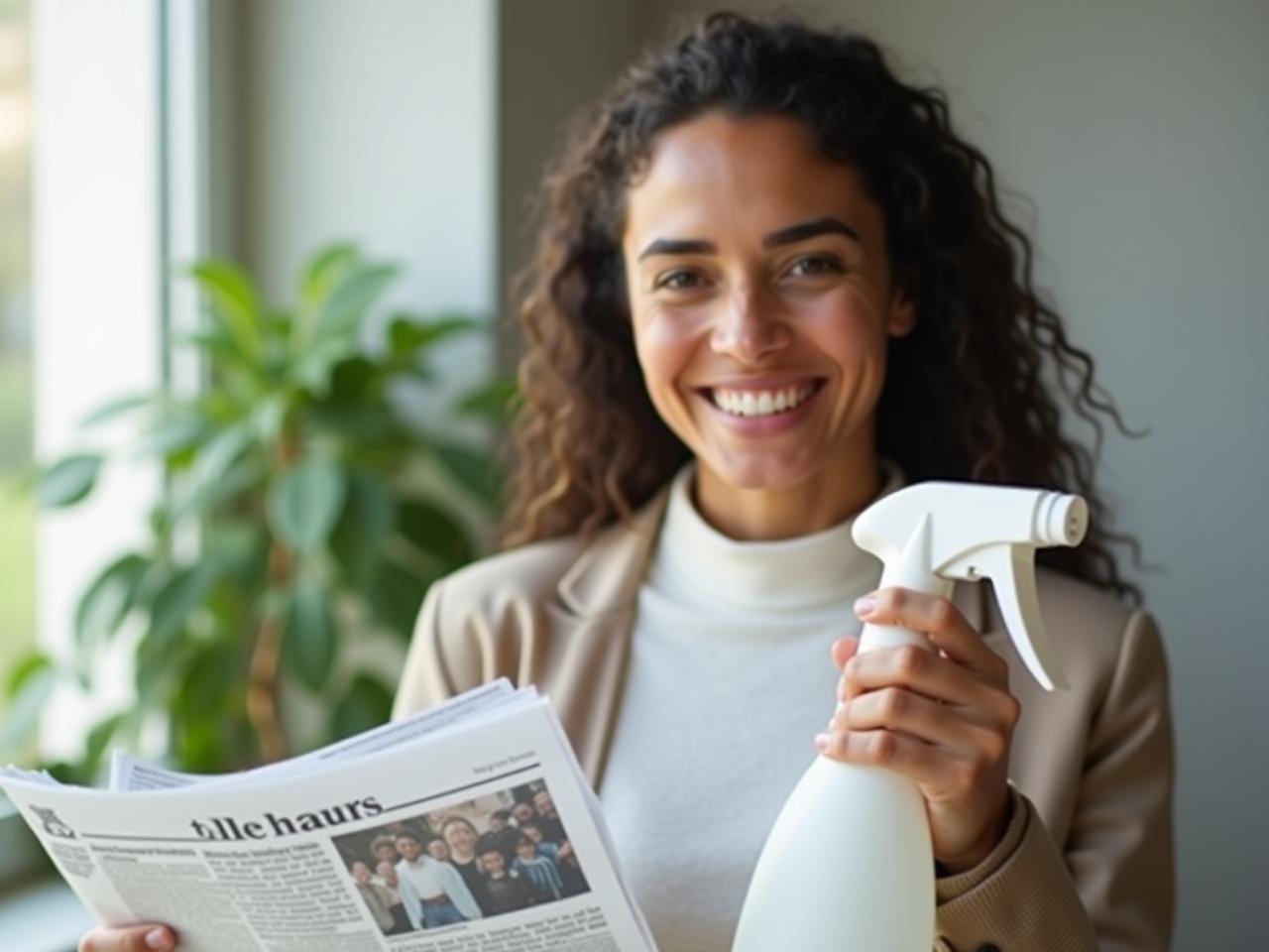 A woman smiling, holding a crumpled newspaper and a spray bottle with a green plant in the background.