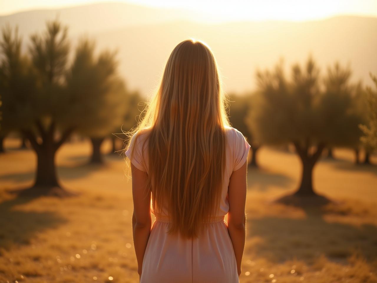 A woman with long, healthy hair standing in a field of olive trees in Israel, bathed in sunlight.