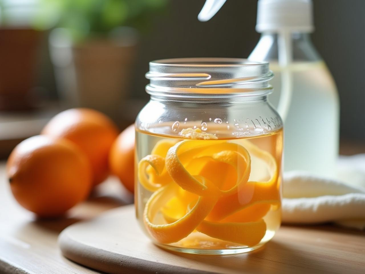 Close-up shot of citrus peels (orange, lemon, grapefruit) in a glass jar with white vinegar, with a spray bottle and cleaning cloth in the background. Natural light and a cozy, rustic kitchen setting.