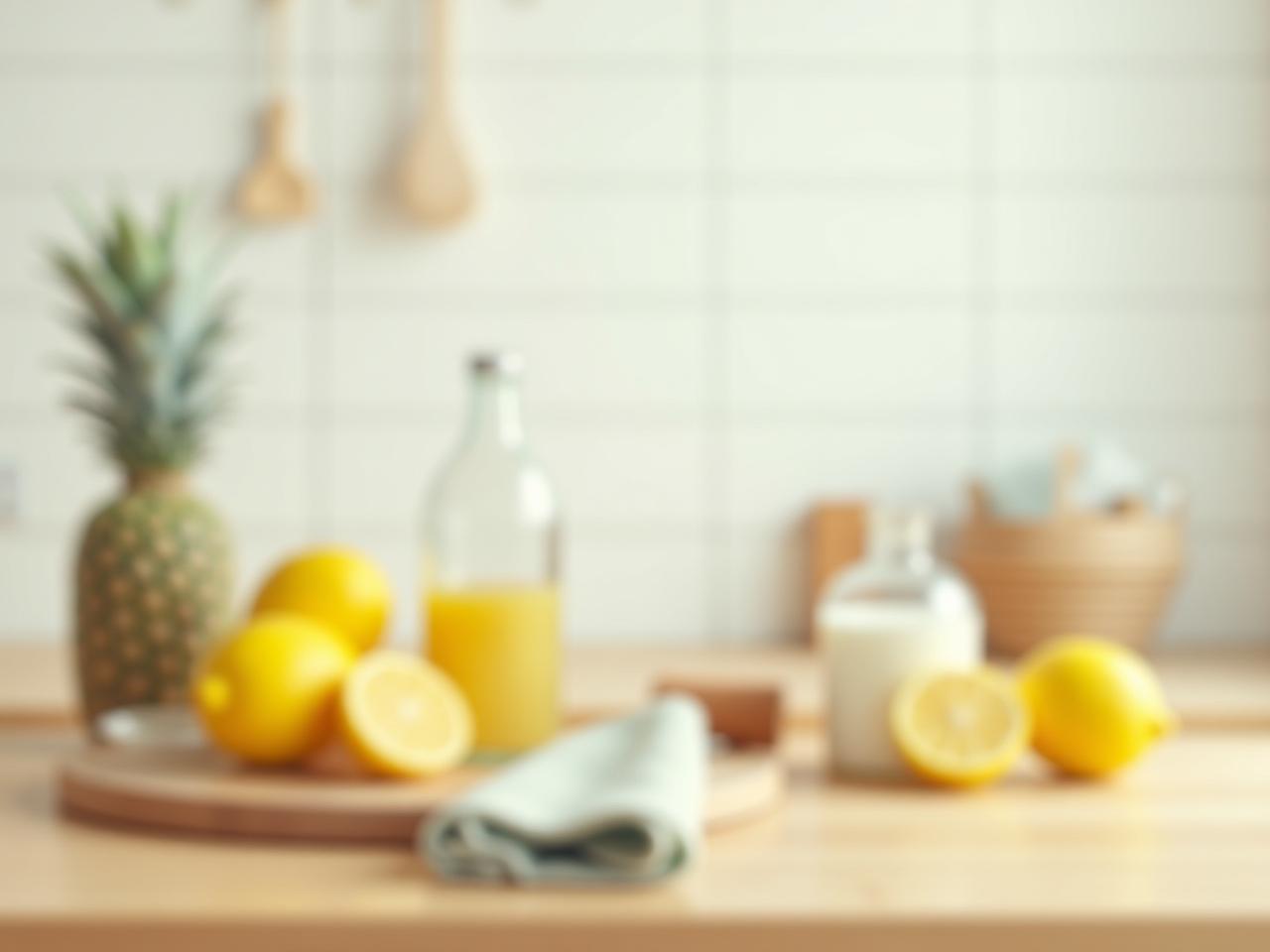 A bright and airy kitchen with natural cleaning ingredients like lemons, baking soda, and vinegar displayed on a wooden countertop.