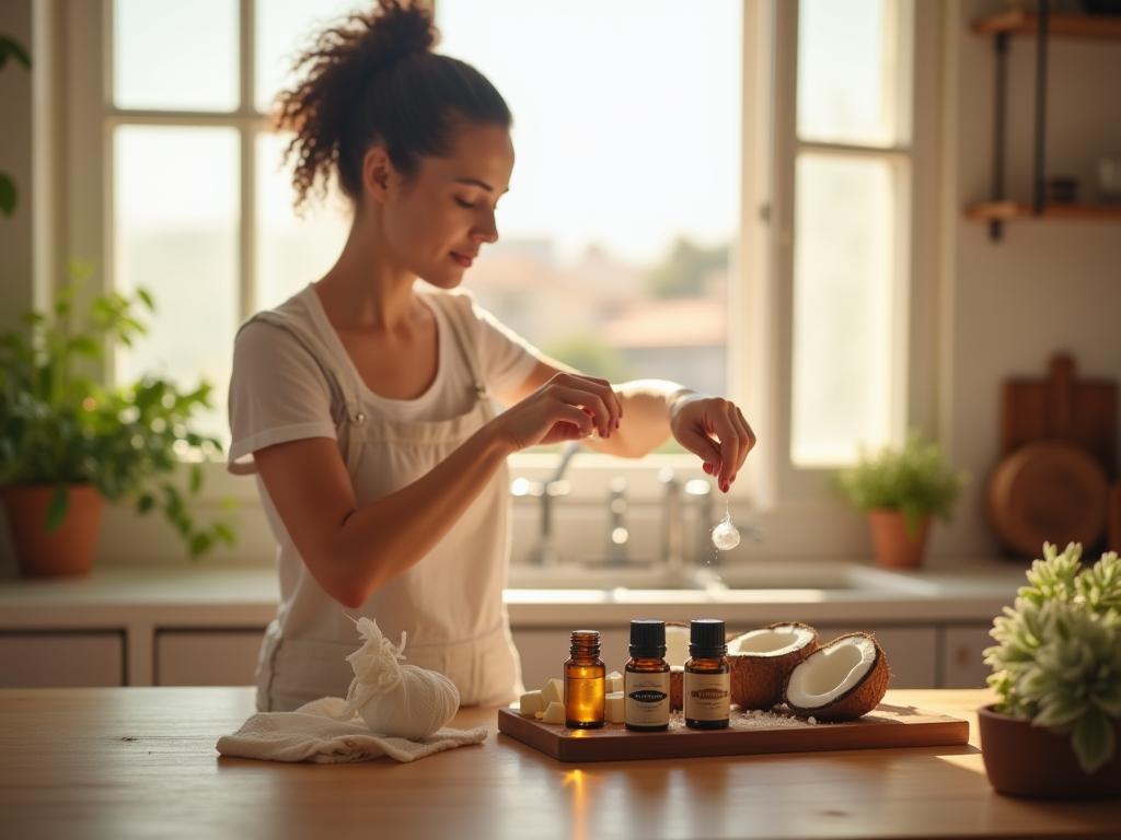 A woman making natural deodorant in her kitchen with ingredients like coconut oil, shea butter, baking soda, and essential oils, with a background of sunny Israeli landscape.