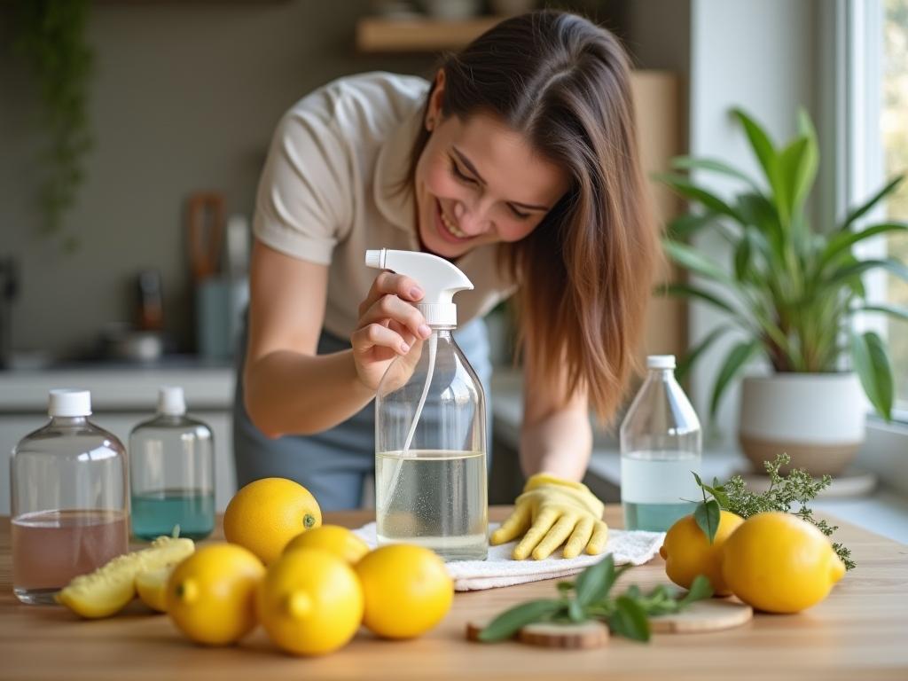 A woman smiling while cleaning a wooden surface with a spray bottle and a cloth, surrounded by natural cleaning ingredients like lemons, vinegar, and herbs.