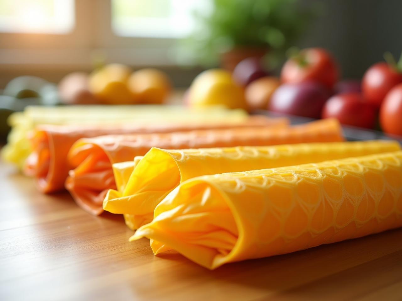 Close-up of colorful beeswax food wraps with a honeycomb pattern, resting on a wooden kitchen counter, with fresh fruits and vegetables in the background, bathed in natural sunlight.