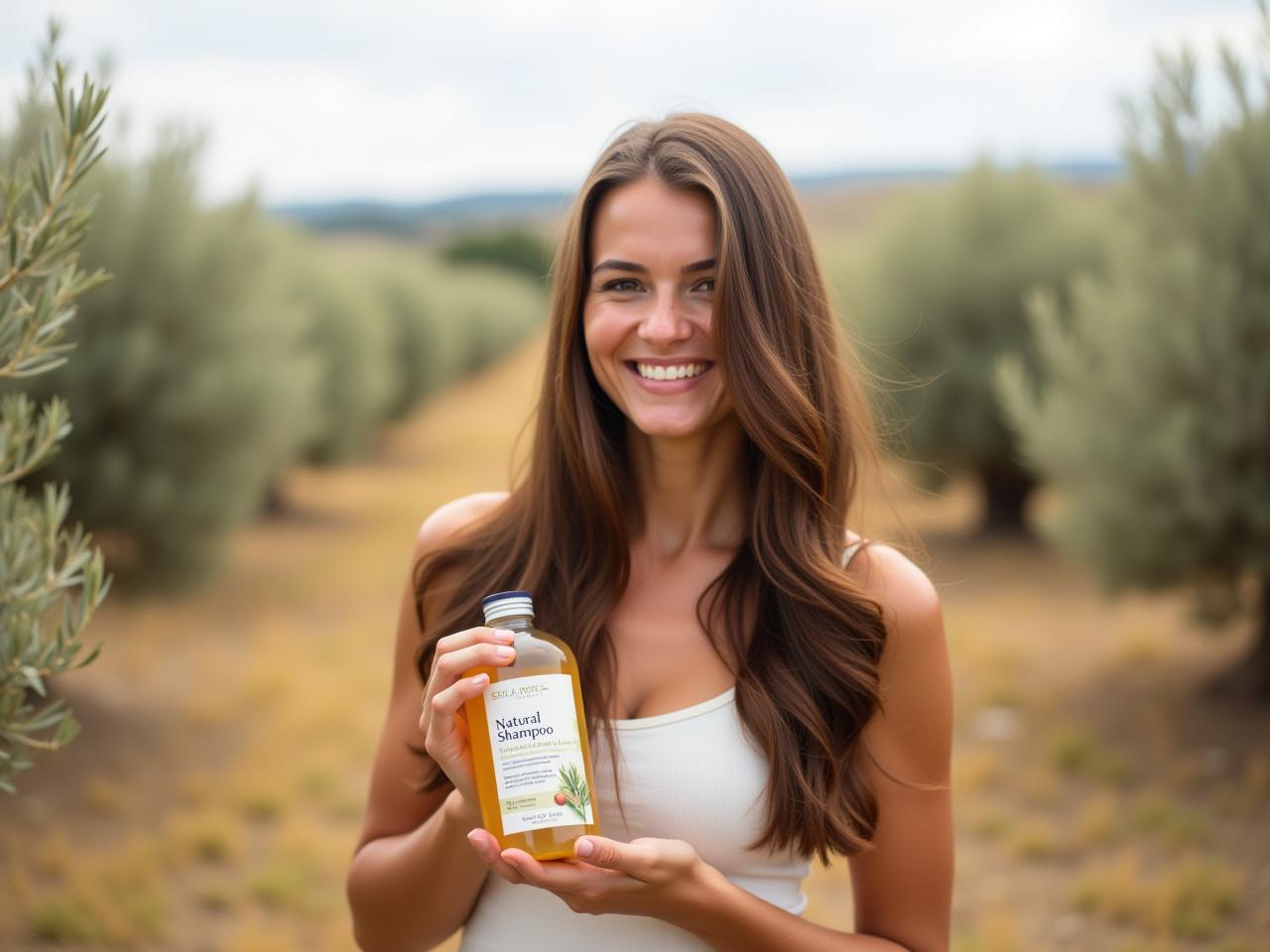 A smiling woman with healthy, shiny hair stands in a field of olive trees, holding a bottle of homemade natural shampoo.