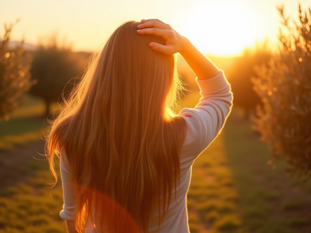 A woman with long, shiny hair applying olive oil to her scalp under the sunlight in a field of olive trees.