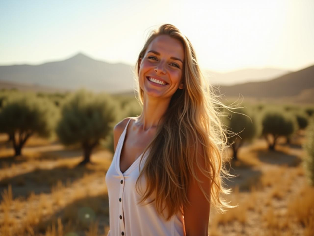 A woman with long, healthy hair stands in front of a field of olive trees in the Galilee, Israel. The sun is shining, and she is smiling.