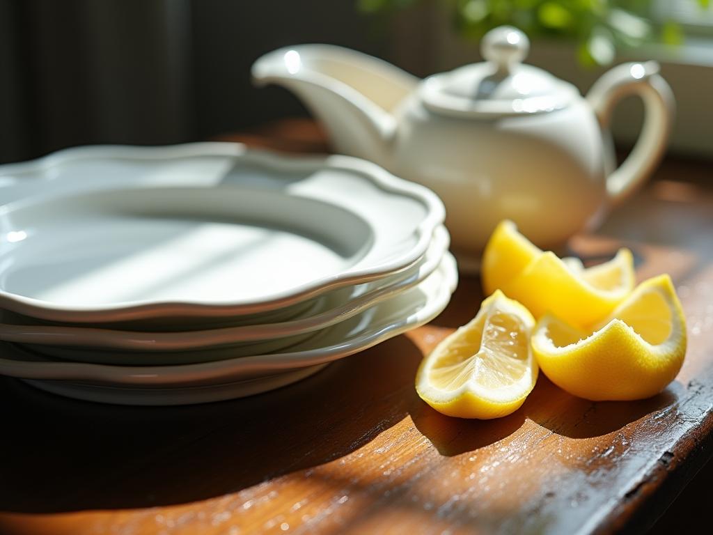 Close-up shot of sparkling clean serving dishes, some still wet, alongside used lemon peels on a rustic wooden table. Sunlight streams in, highlighting the natural textures.
