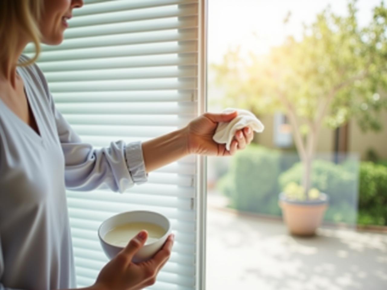 Close-up of a womans hand cleaning a white window blind with a cloth and a bowl containing a solution. Natural light is shining through the window, highlighting the clean slats. The background shows a blurred view of a garden with olive trees. The overall tone is bright, clean, and natural.