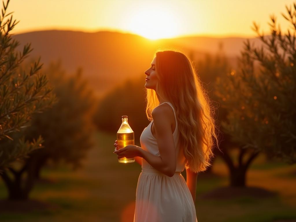 A woman with long, healthy hair standing in a field of olive trees at sunset, holding a bottle of olive oil.