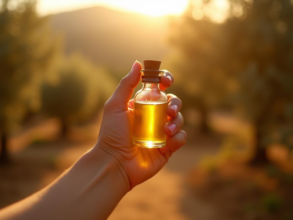 Close-up shot of a hand holding a small glass bottle of mastic essential oil, with mastic shrubs and olive trees in the blurred background. The scene is bathed in warm sunlight.