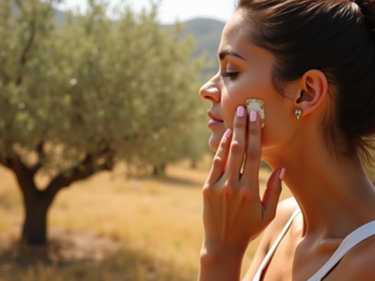 A close-up shot of a woman applying olive oil to her face in a rustic setting. The background includes olive trees and a warm, sunny atmosphere.