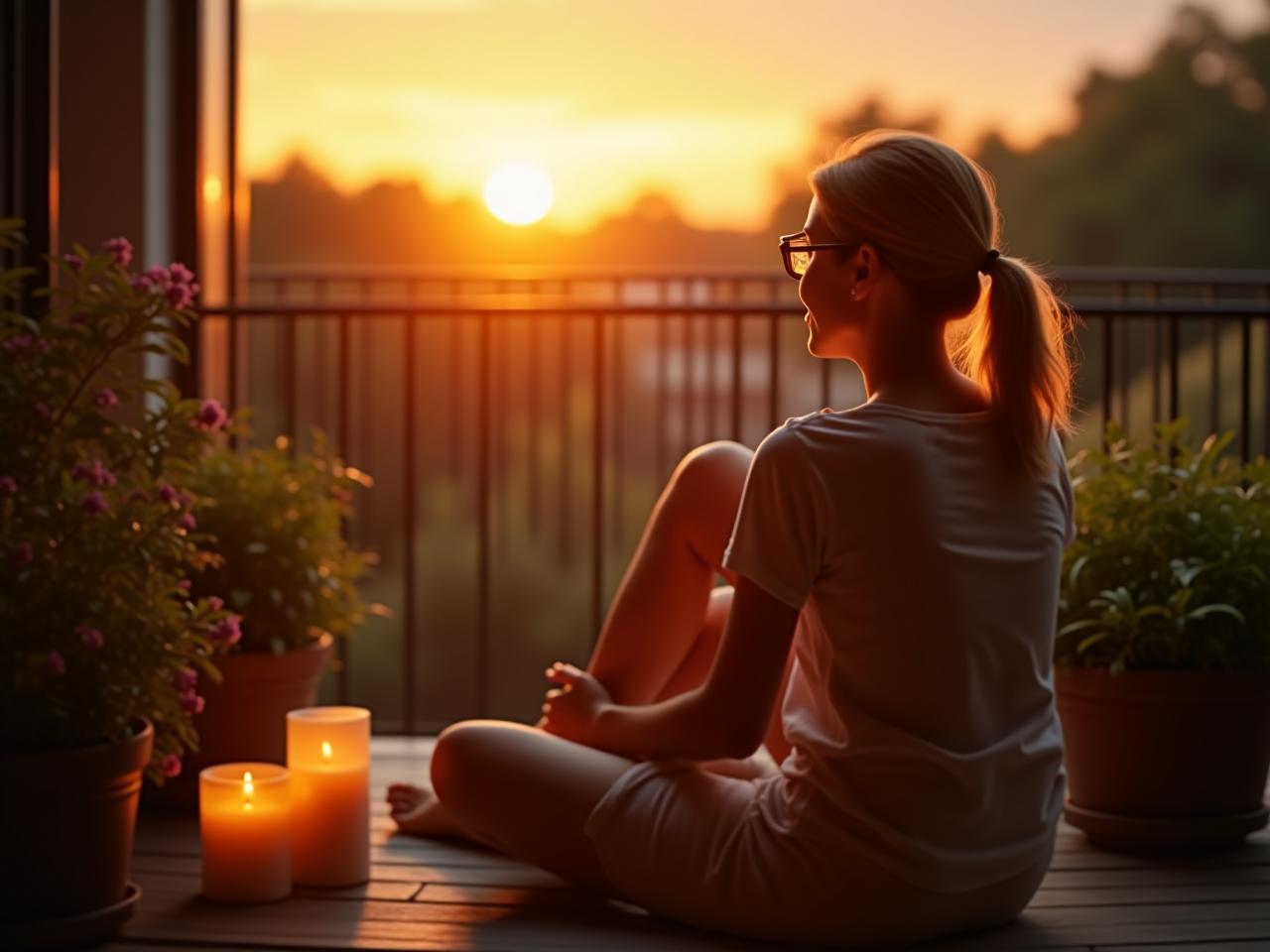 A woman sitting on a balcony with citronella candles and plants, enjoying the sunset without mosquitoes.