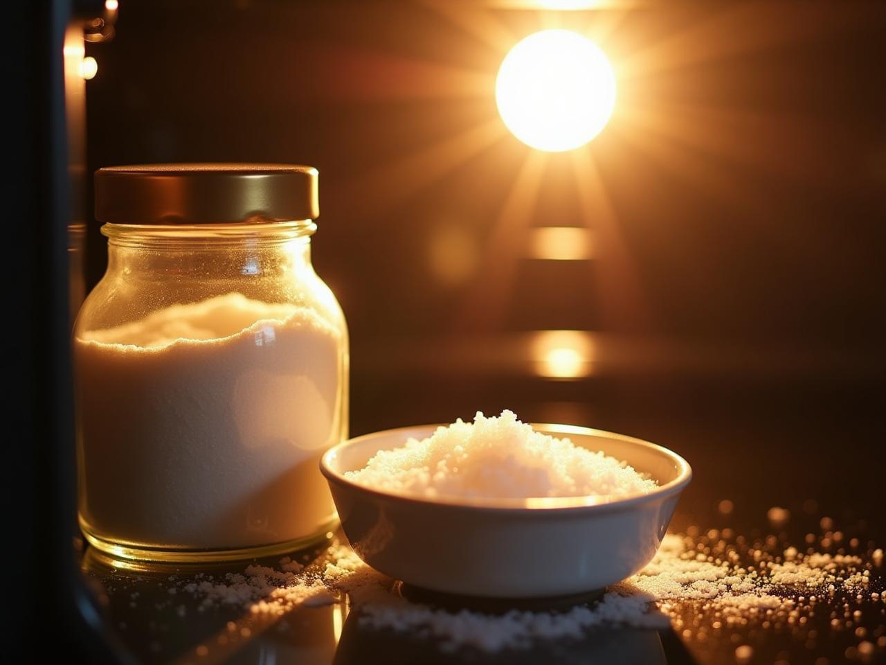Close-up of a sparkling clean oven, with a jar of baking soda and a bowl of salt next to it. Sunlight streams through the window, illuminating the natural cleaning ingredients.