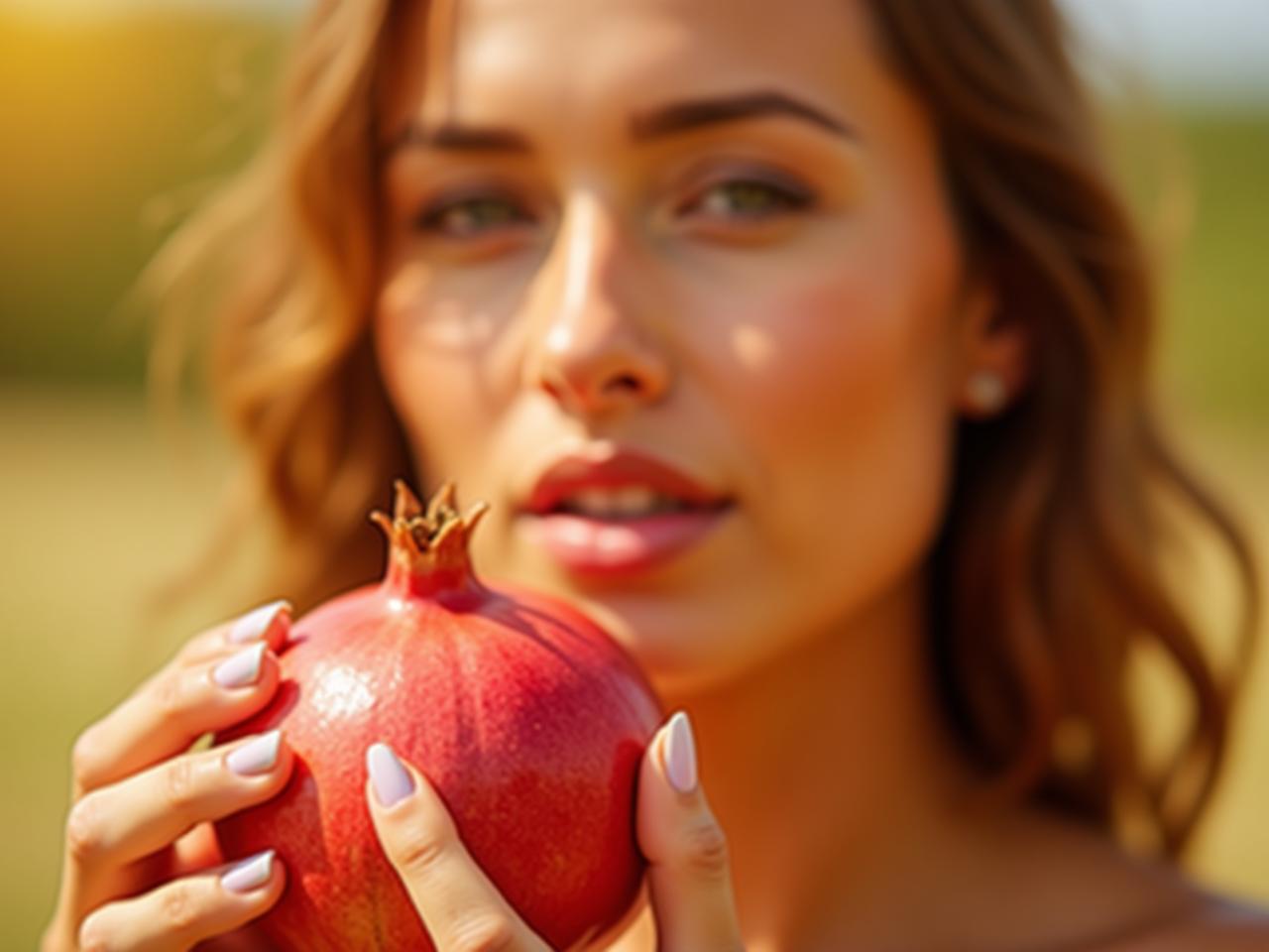 A close-up shot of a woman with glowing skin holding a ripe pomegranate. Sunlight is filtering through the pomegranate seeds, highlighting the natural beauty and health benefits.