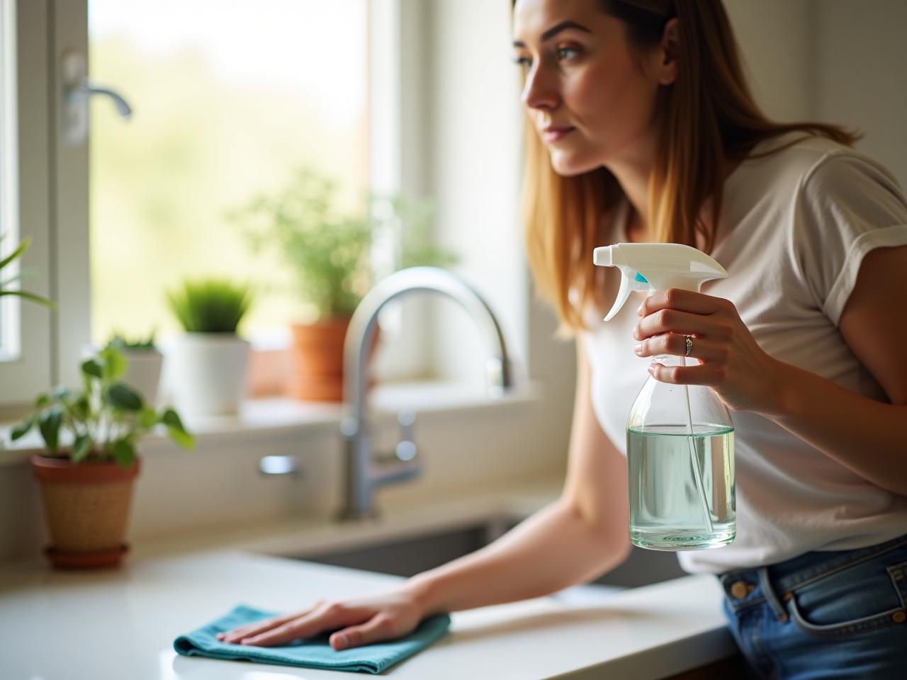 A woman cleaning her kitchen counter with a spray bottle filled with a homemade cleaning solution and a cloth. The background shows natural light coming through a window and plants on the windowsill.